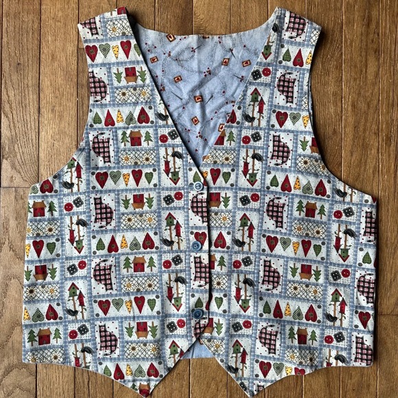 Tops - Quirky Patchwork Farmhouse Cottagecore Button Vest Women's M Blue‎ Novelty Print